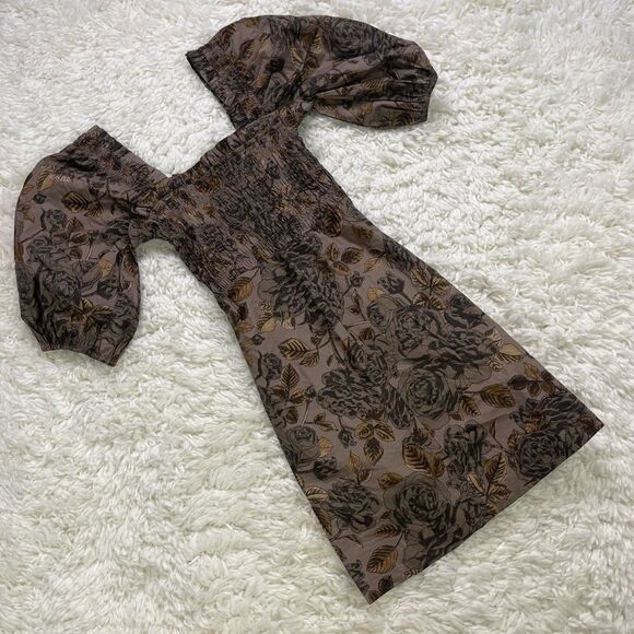 GANNI Brown Poplin Printed Smocked Mini Dress - Picture 2 of 5